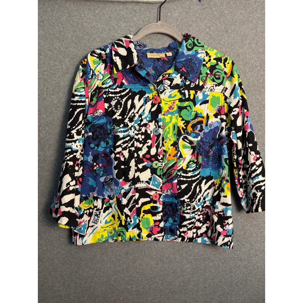 Chico's Choices P/M Abstract Art to Wear Jacket Colorful Embellish Cotton Shirt